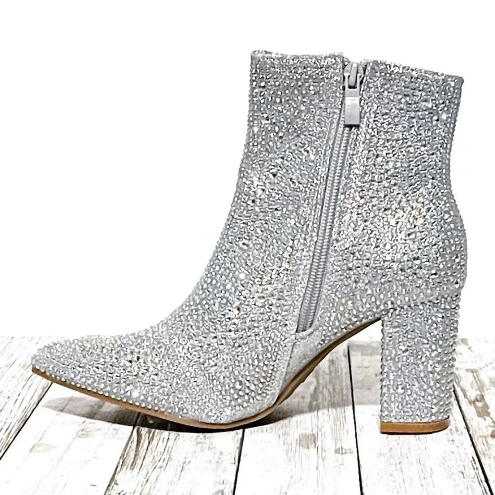 New Women Silver Rhinestone Blingy Pointed Toe Ankle Boots Booties - Picture 6 of 6